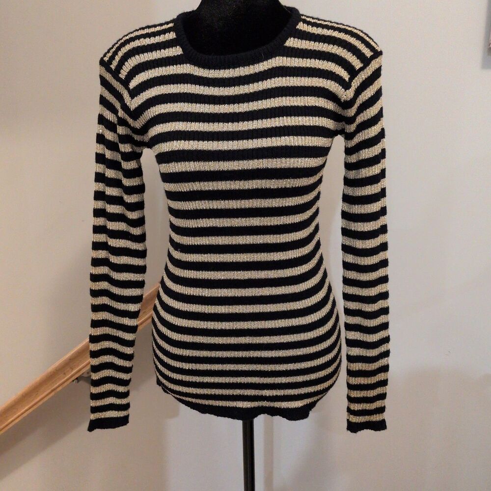 Vintage 80s 90s Maggie Lawrence Metallic Gold Black Striped Ribbed Sweater